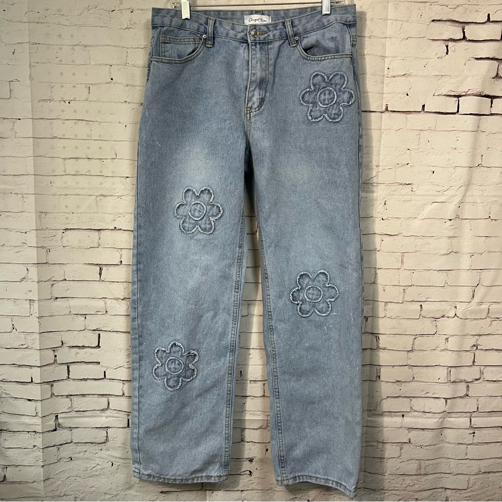 Angel Kiss Jeans Size 11 / 30 Wide Leg Straight Heart Patch Light Wash